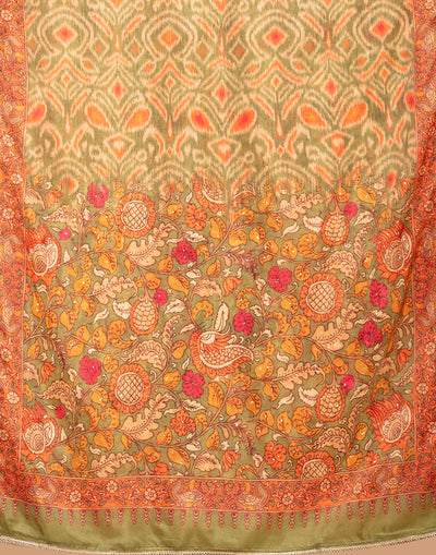 Olive Green Ikkat And Kalamkari Printed Silk Unstitched Suit Set