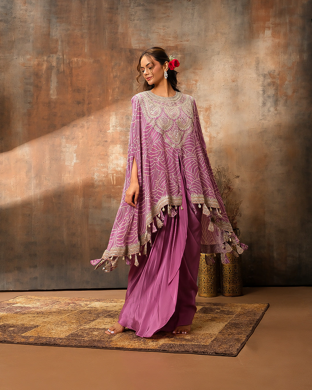 Orchid Mist Bandhej Printed Fusion Kaftan Set