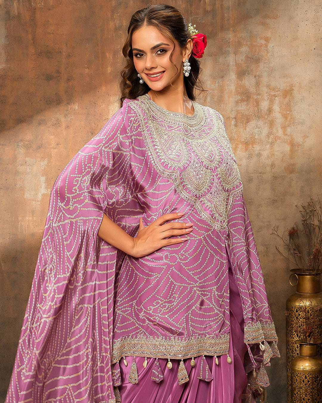 Orchid Mist Bandhej Printed Fusion Kaftan Set