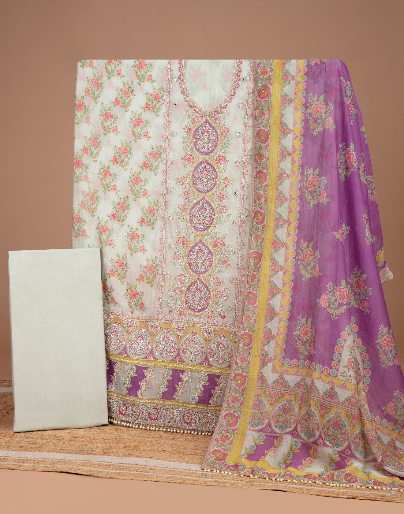 Pale Green With Lilac Mist Mughal Printed Soft Silk Unstitched Suit Set