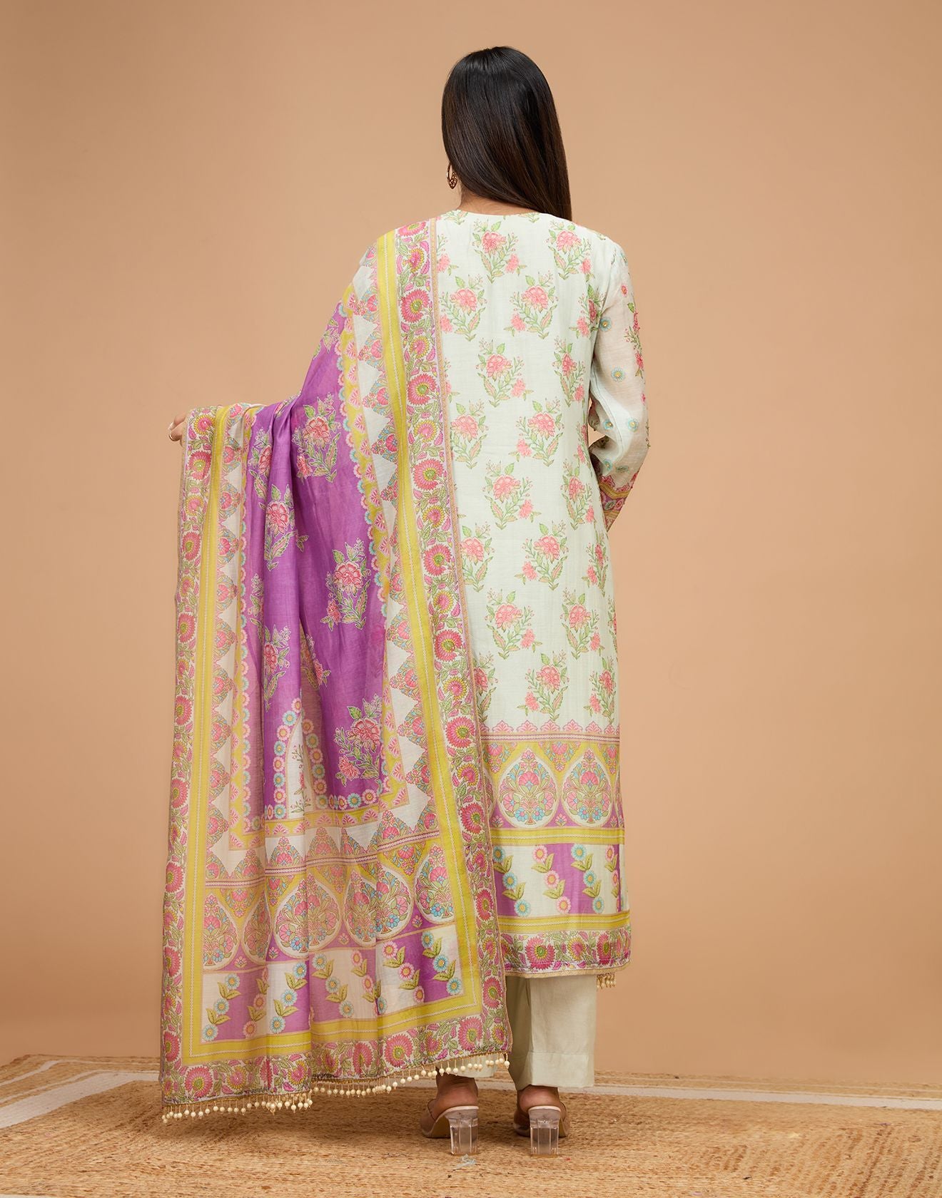 Pale Green With Lilac Mist Mughal Printed Soft Silk Unstitched Suit Set