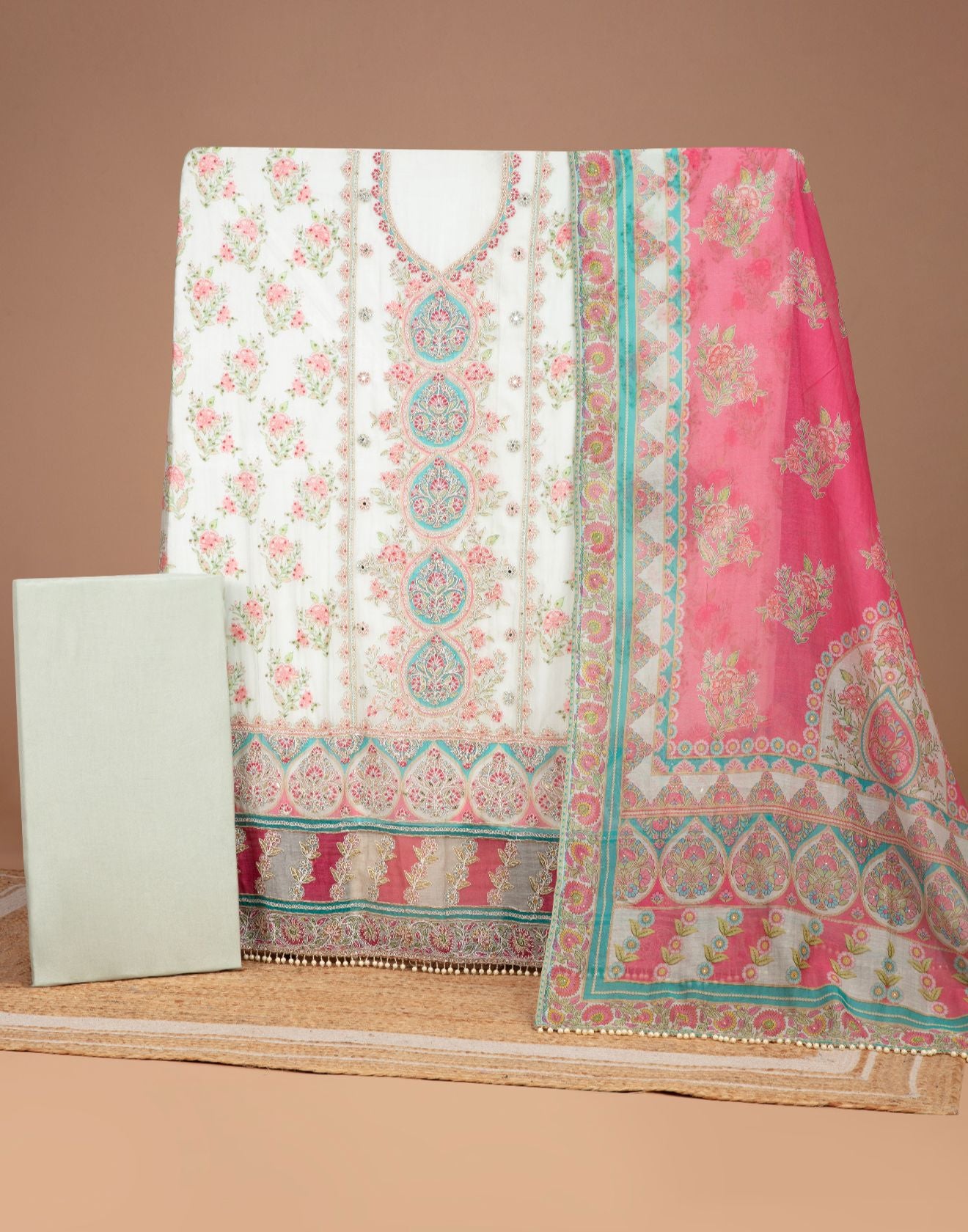 Pearl Pistachio Mughal Printed Soft Silk Unstitched Suit Set