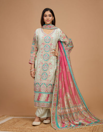 Pearl Pistachio Mughal Printed Soft Silk Unstitched Suit Set