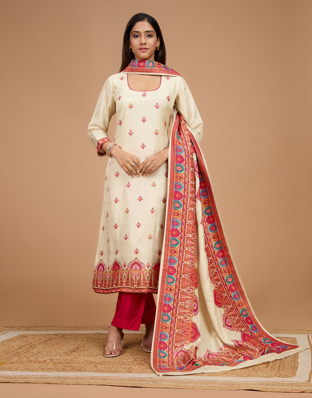 Pearl White And Berry Pink Woven Silk Unstitched Suit Set
