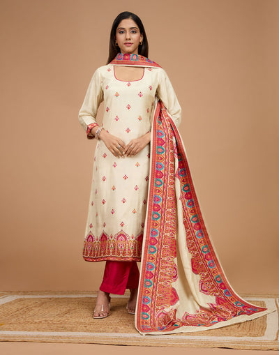 Pearl White And Berry Pink Woven Silk Unstitched Suit Set