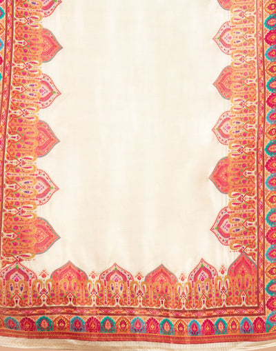 Pearl White And Berry Pink Woven Silk Unstitched Suit Set