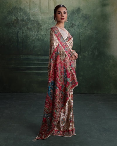 Pearl White Baraat Motif Dola Silk Embellished Saree With Unstitched Blouse Fabric