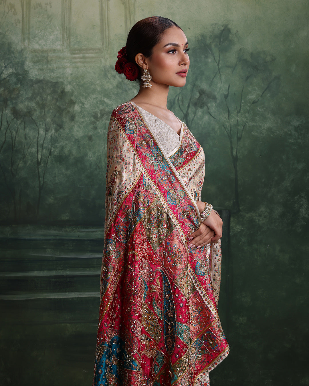 Pearl White Baraat Motif Dola Silk Embellished Saree With Unstitched Blouse Fabric