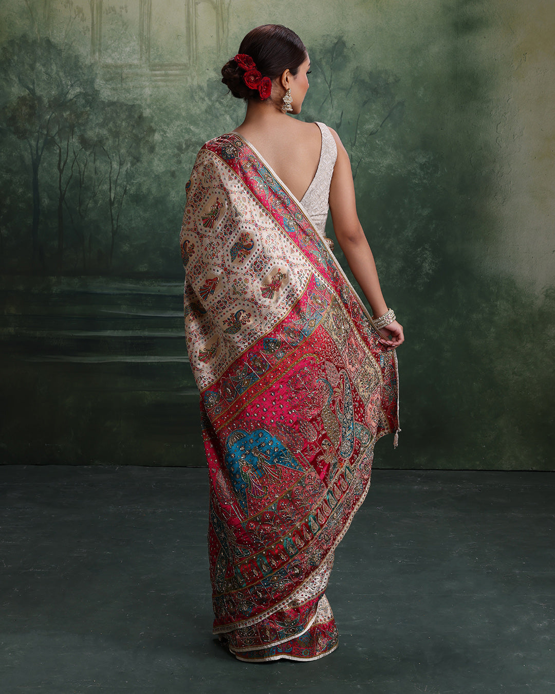 Pearl White Baraat Motif Dola Silk Embellished Saree With Unstitched Blouse Fabric