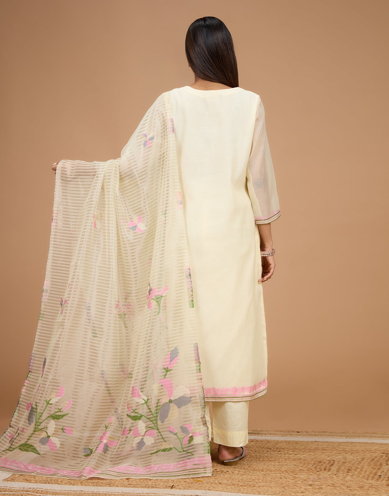 Pearl White With Pastel Contrast Floral Woven Jaal Unstitched Suit Set