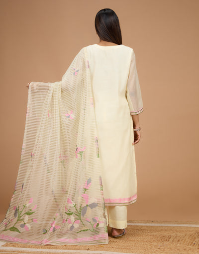 Pearl White With Pastel Contrast Floral Woven Jaal Unstitched Suit Set