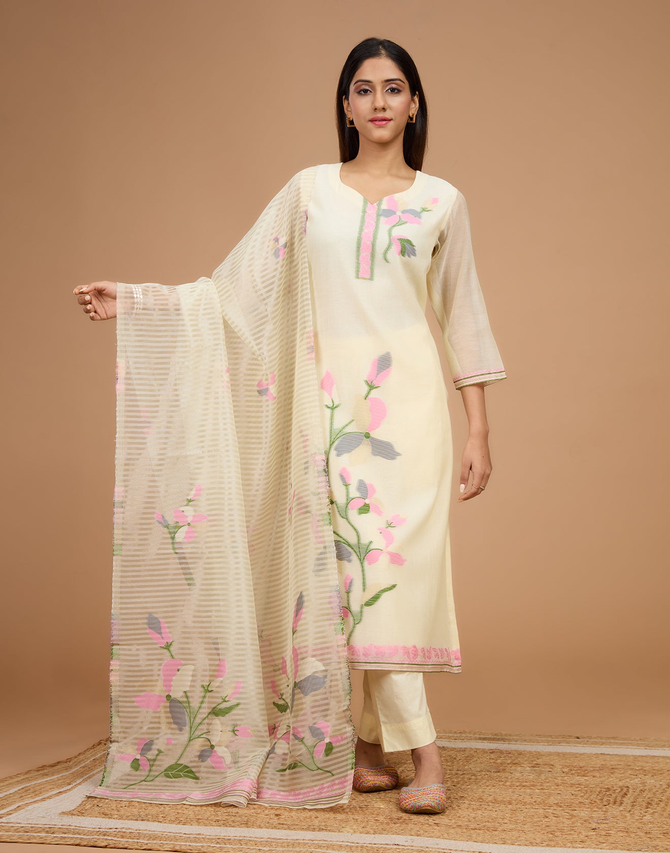 Pearl White With Pastel Contrast Floral Woven Jaal Unstitched Suit Set