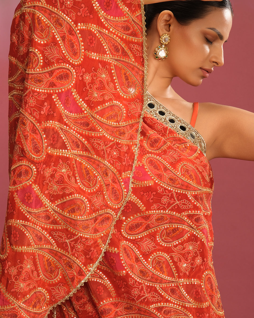 Persimmon Pop Paisley Printed Off-Shoulder Cape With Dhoti Pant Set
