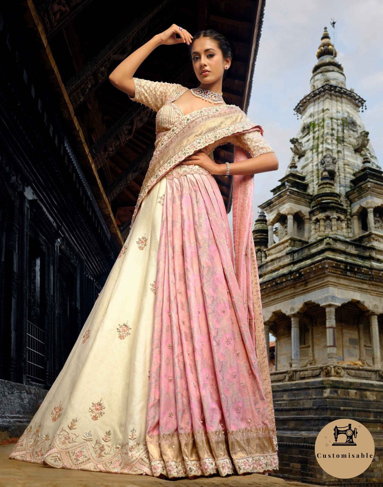 Petal Pink Pure Banarasi Silk Saree With Blouse & Ivorvy Lehenga