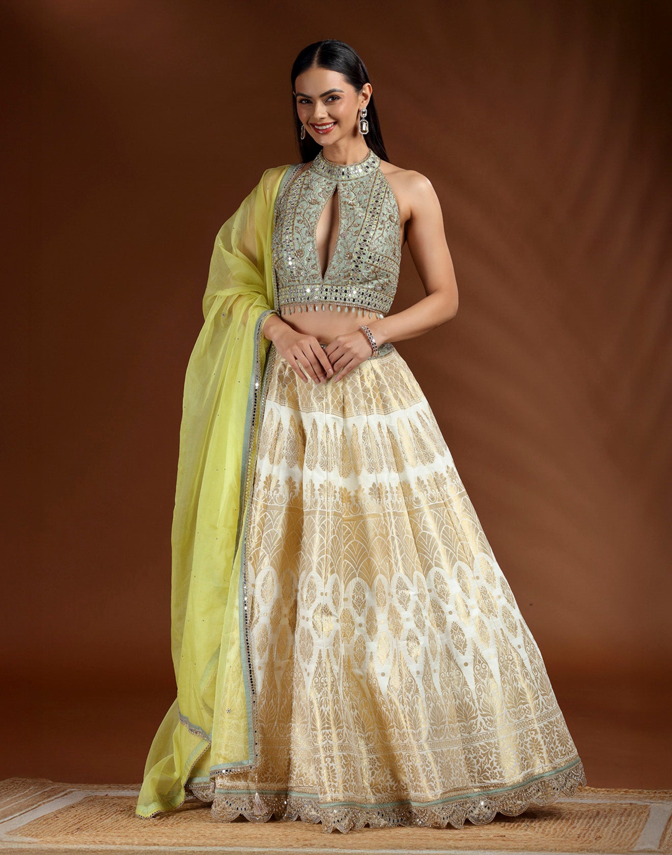 Pista Green Embroidered Blouse WIth White Banarasi Lehenga Set