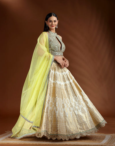 Pista Green Embroidered Blouse WIth White Banarasi Lehenga Set