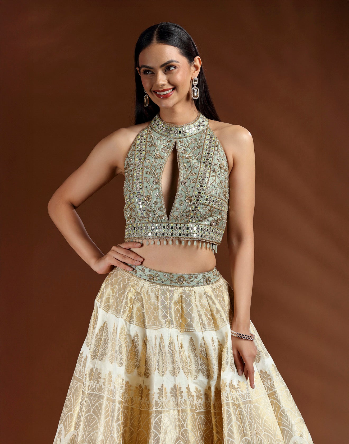 Pista Green Embroidered Blouse WIth White Banarasi Lehenga Set