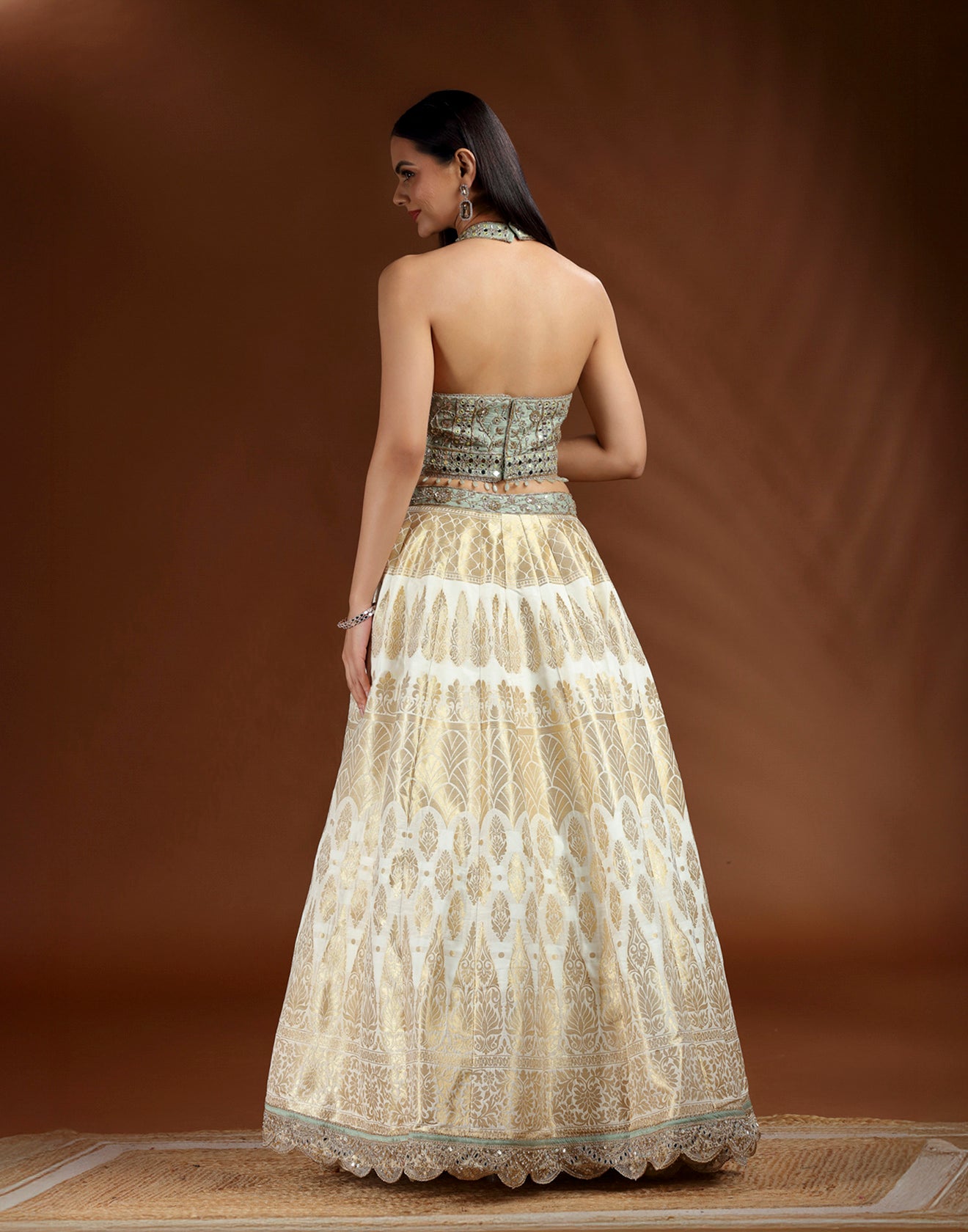 Pista Green Embroidered Blouse WIth White Banarasi Lehenga Set