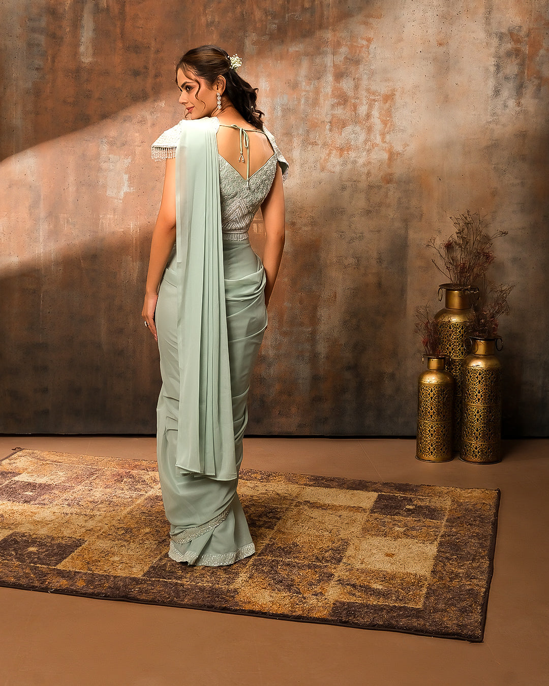Pistachio Pop Pre-Draped Tissue Silk Saree
