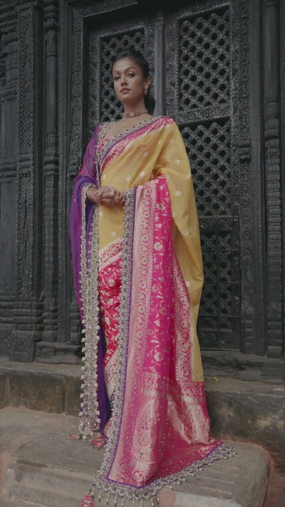 Amber Yellow & Raani Pink Banarasi Saree With Embroidered Blouse & Two Tone Organza Dupatta