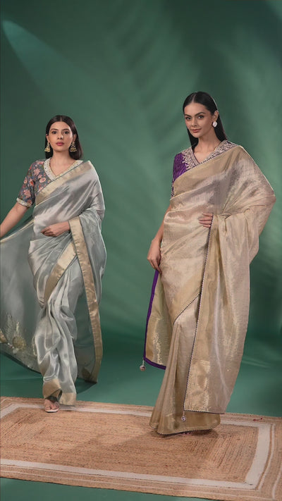 Mint Harmony Tissue Silk Saree With Kalamkari Stitched Blouse