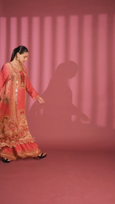 Fiery Vermilion Printed Pure Crepe Festive Kurta Set