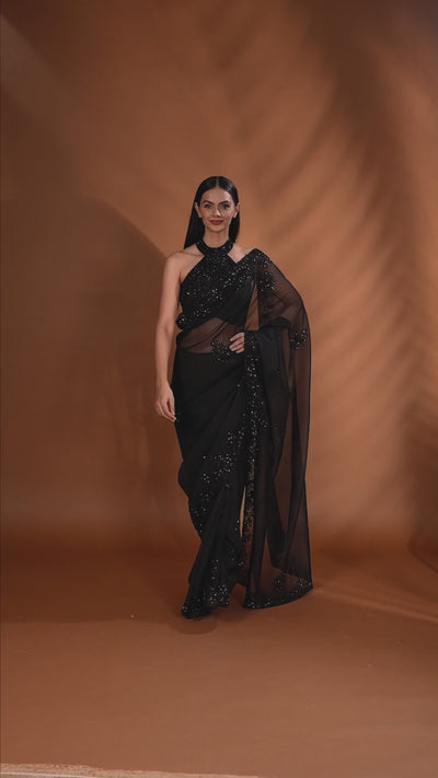 Blackout Bloom Embellished Festive Saree With Unstitched Blouse Fabric