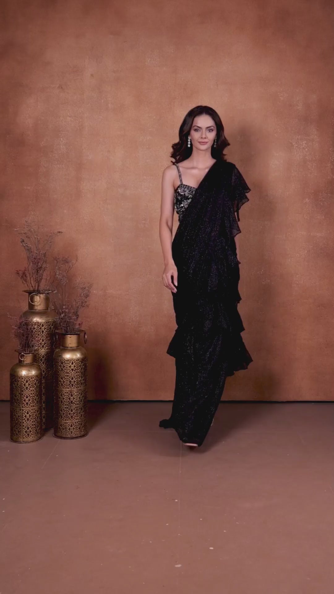 Black Shimmer Lycra Pre-Draped Saree With Corset Blouse