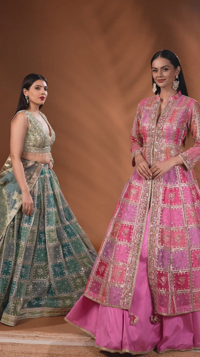 Rosé Rush Checkered Printed Organza Slip Kurta Lehenga Set