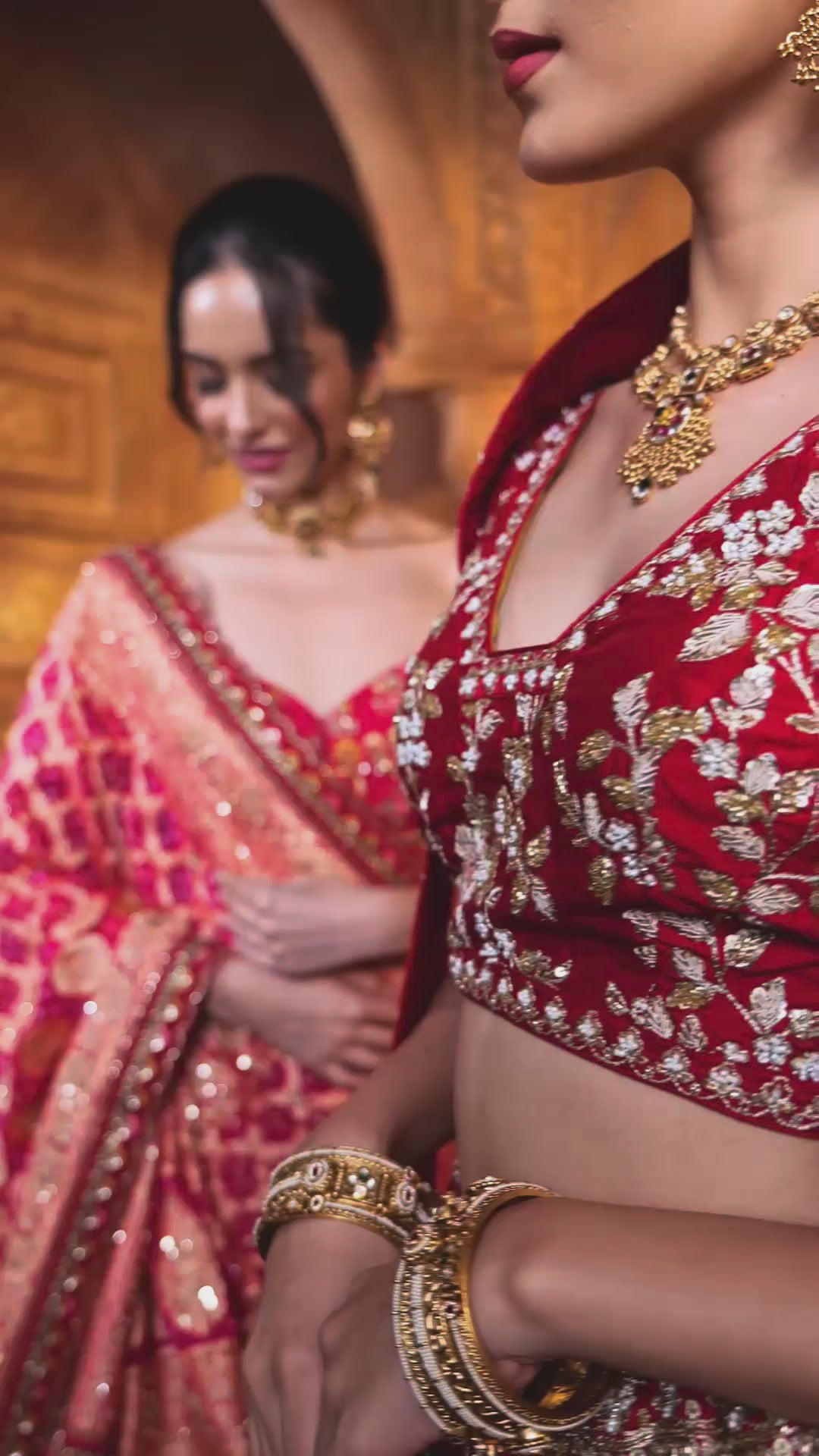 Imperial Red Embroidered Silk Lehenga With Bandhej & Organza Dupattas