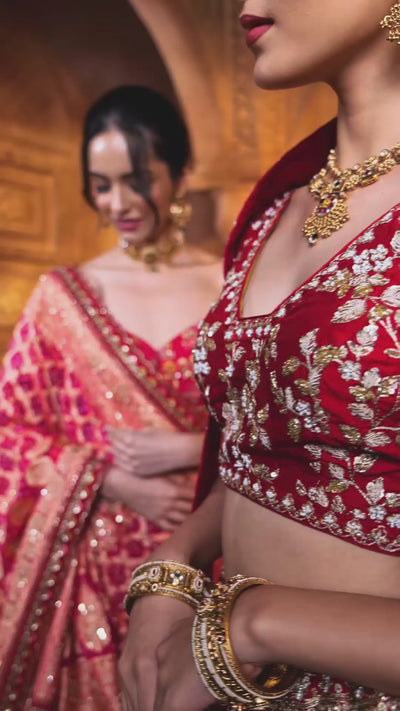 Imperial Red Embroidered Silk Lehenga With Bandhej & Organza Dupattas