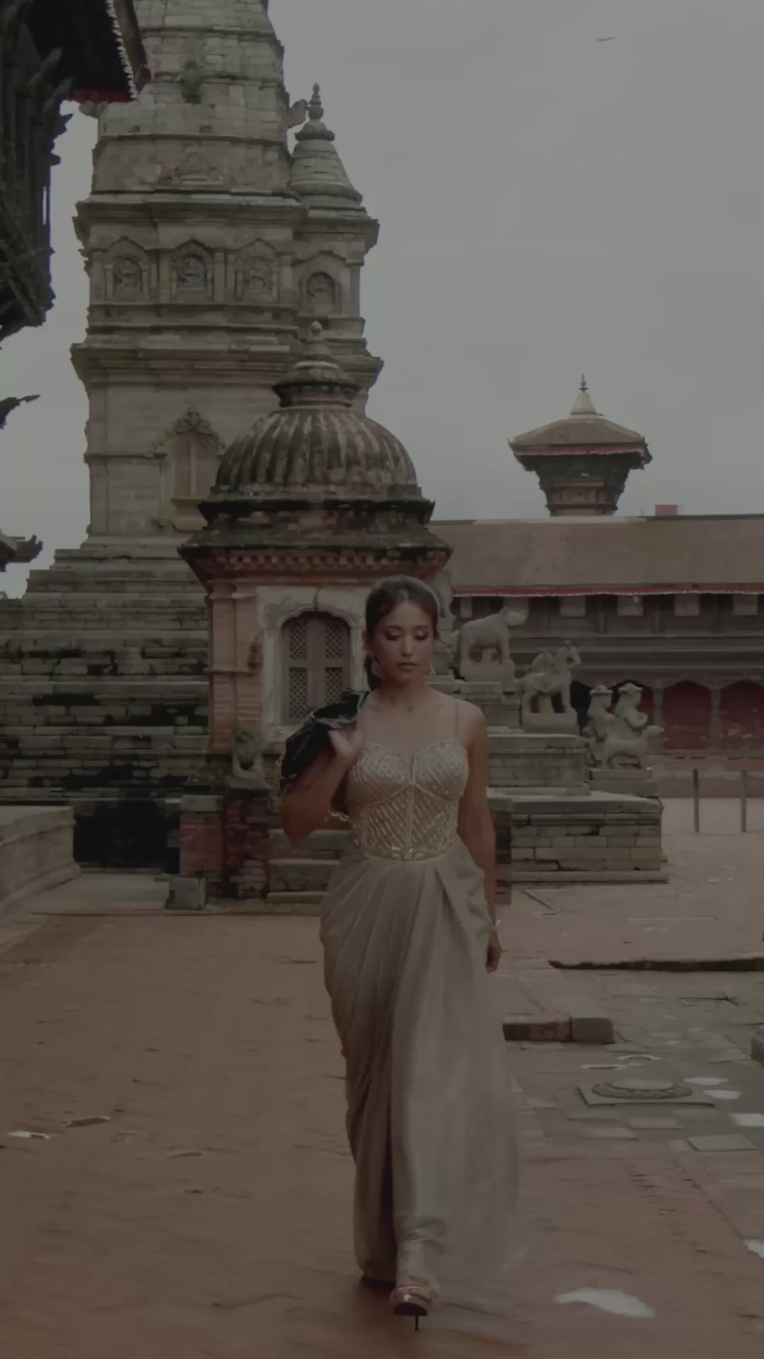 Auric Copper Corset Drape Gown With Velvet Cape Jacket