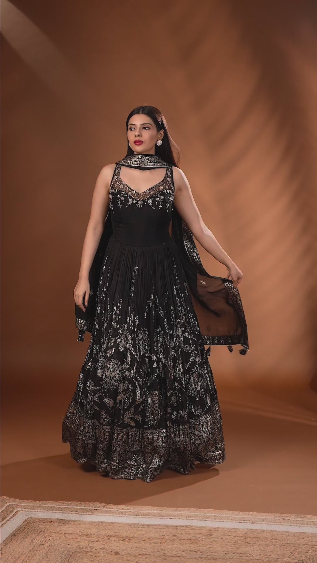 Black And Gold Crushed Silk Anarkali Set
