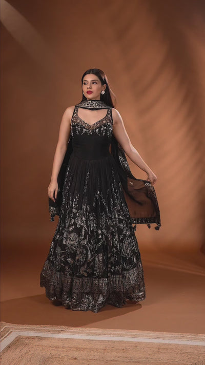 Black And Gold Crushed Silk Anarkali Set