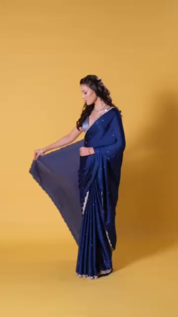 Deep Turquoise Satin Embellished Saree