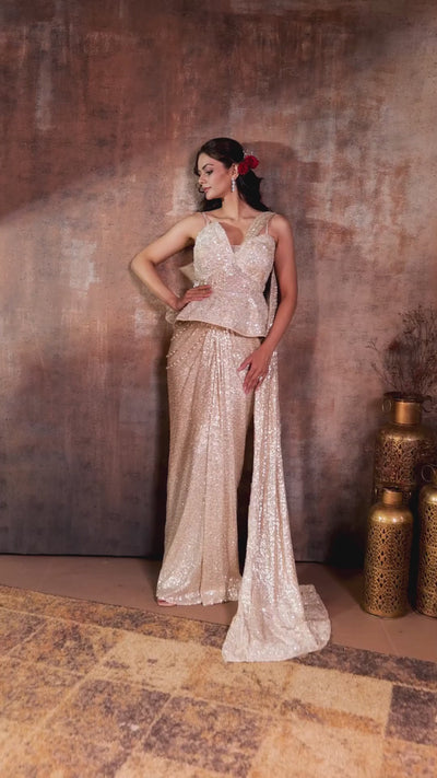 Opulent Champagne Embellished Corset Peplum Pre-Draped Saree
