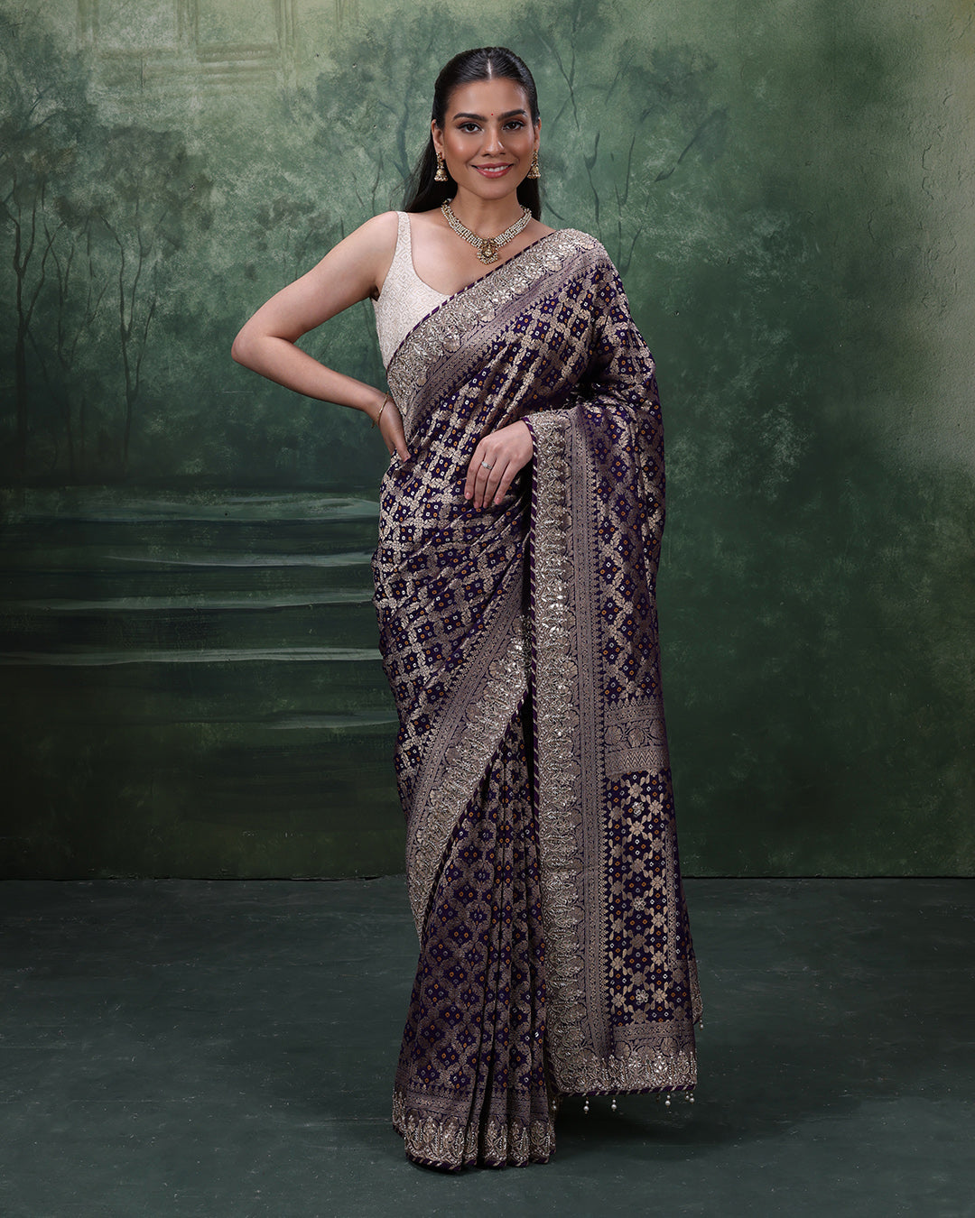 Purple Noor Bandhej Georgette Saree With Unstitched Blouse Fabric