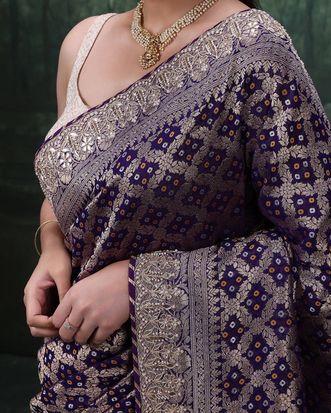 Purple Noor Bandhej Georgette Saree With Unstitched Blouse Fabric