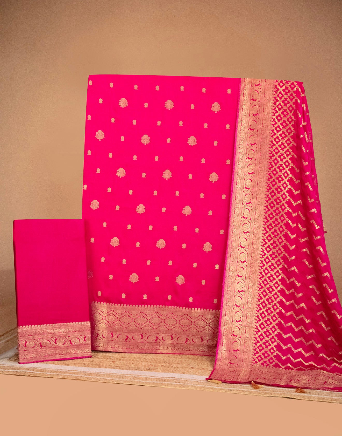 Rani Pink With Zari Design Crepe Silk Unstitched Suit Set