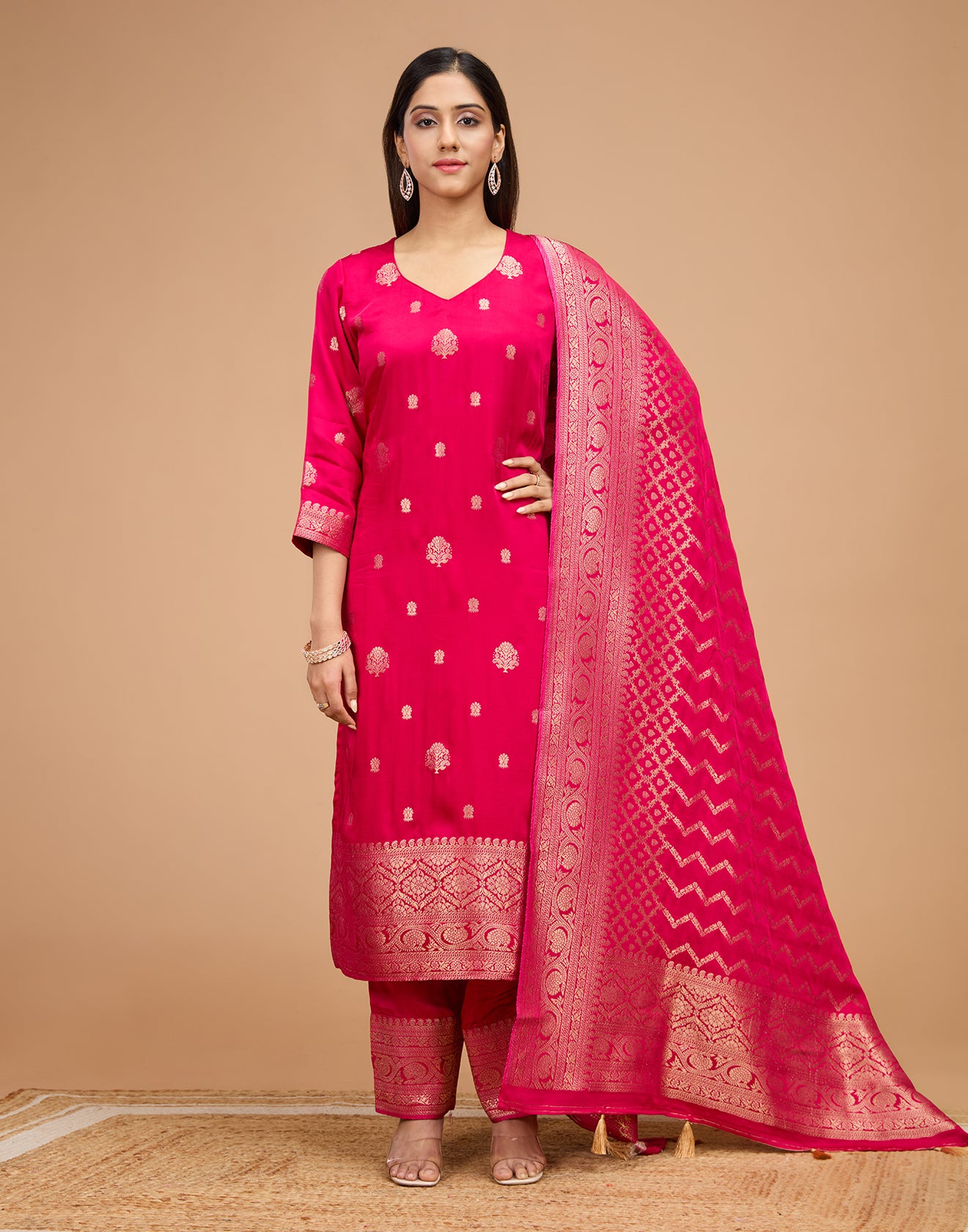 Rani Pink With Zari Design Crepe Silk Unstitched Suit Set