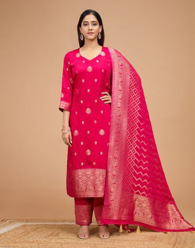 Rani Pink With Zari Design Crepe Silk Unstitched Suit Set