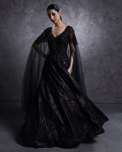 Raven Black And Purple Mist Embellished Cocktail Gown