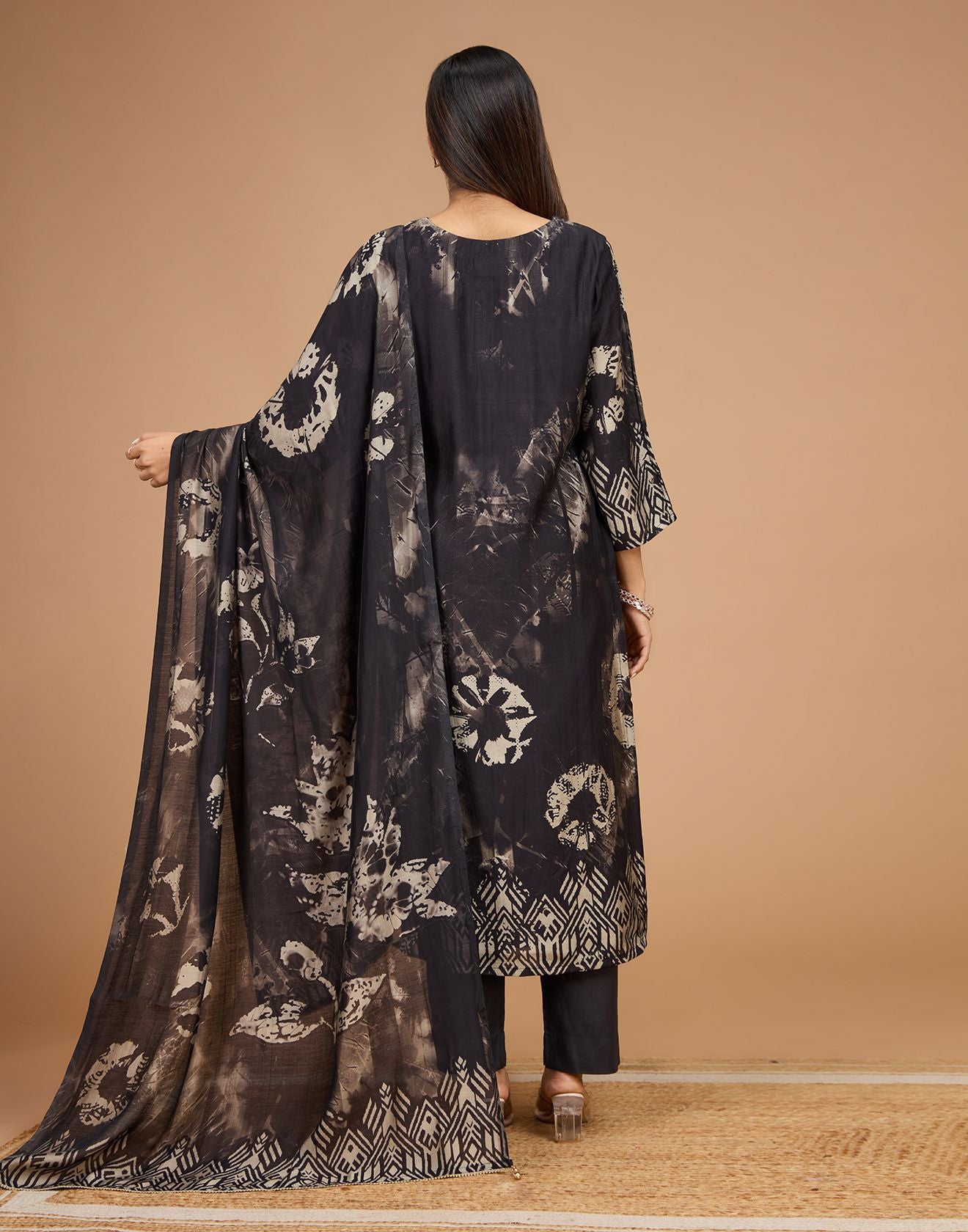 Raven Black Indigo Print Blended Silk Unstitched Suit Set
