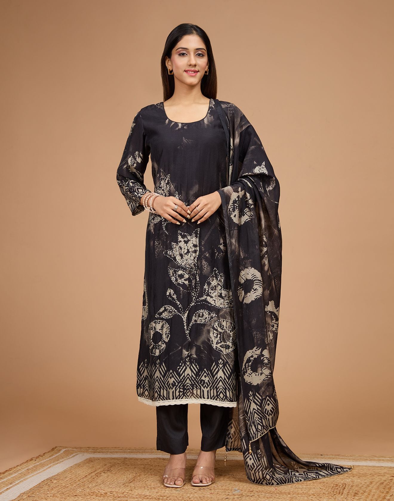 Raven Black Indigo Print Blended Silk Unstitched Suit Set