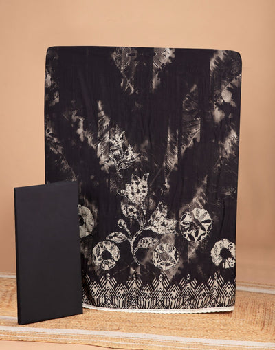 Raven Black Indigo Print Blended Silk Unstitched Suit Set