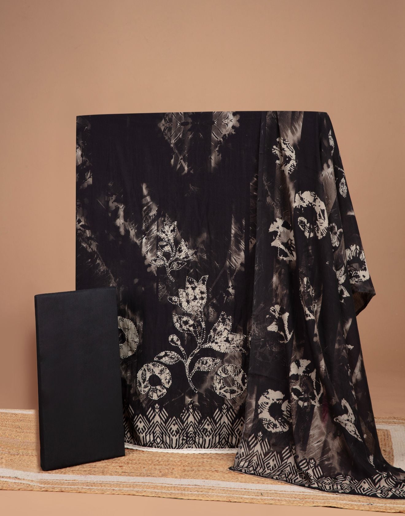 Raven Black Indigo Print Blended Silk Unstitched Suit Set