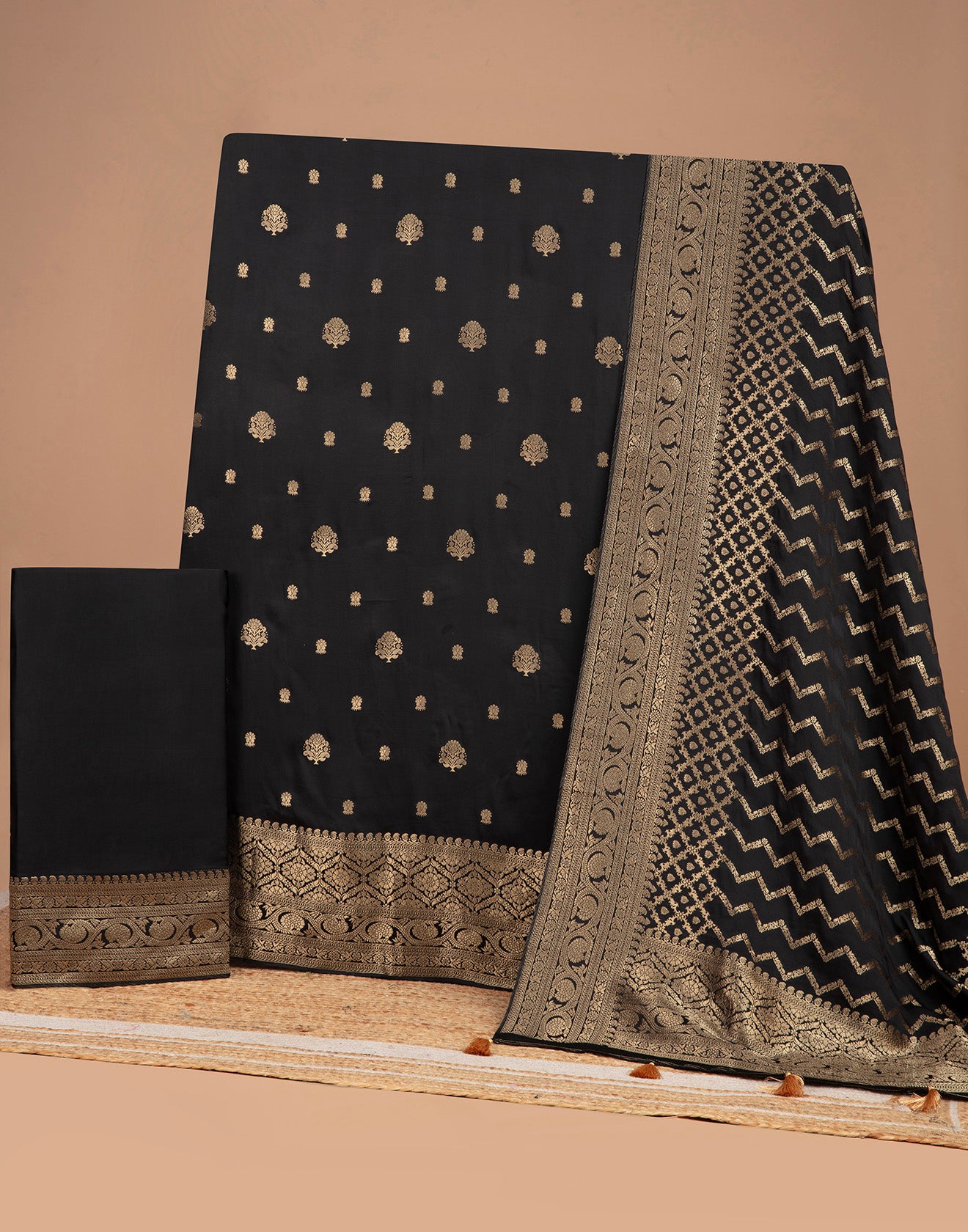 Raven Black With Zari Design Crepe Silk Unstitched Suit Set