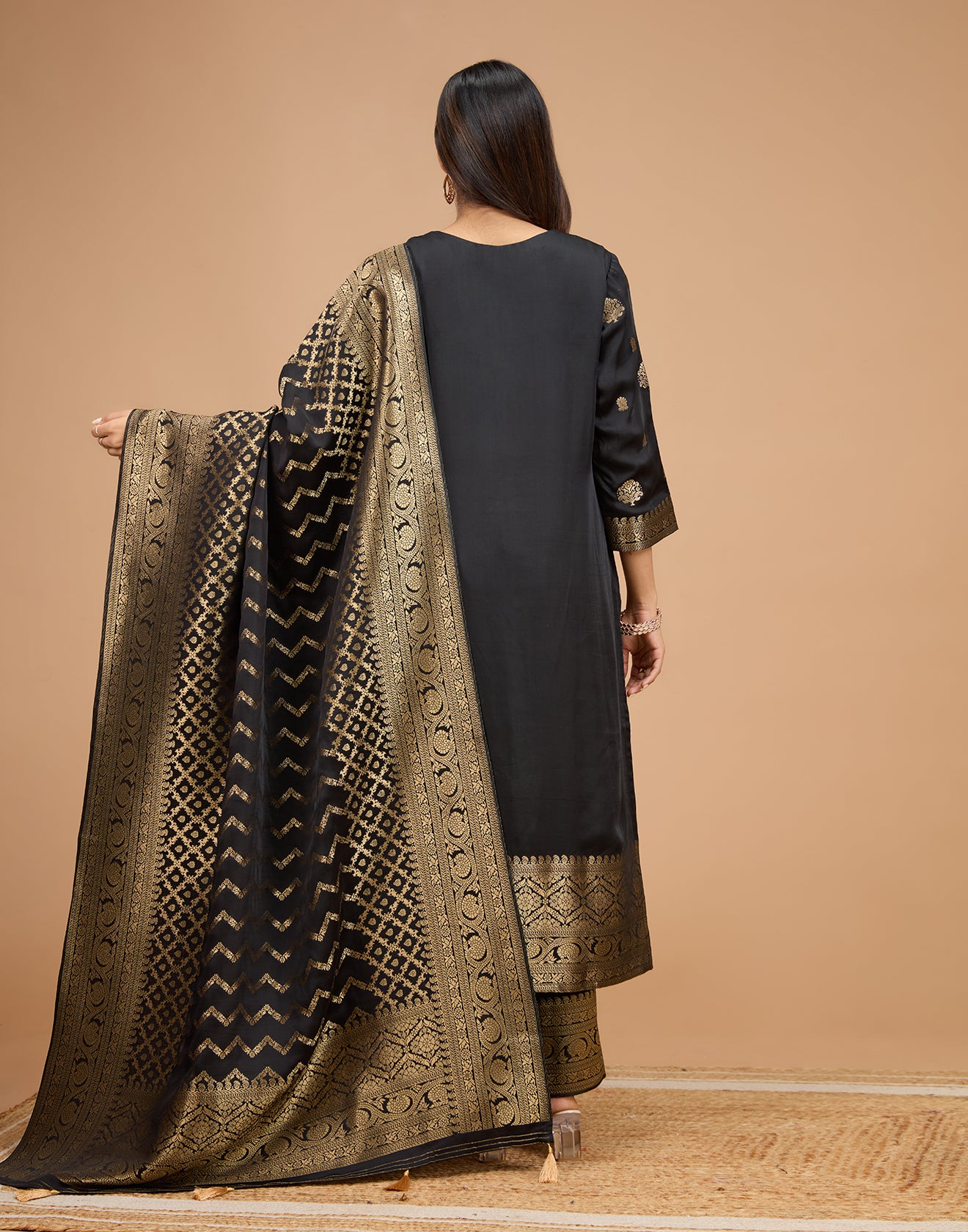 Raven Black With Zari Design Crepe Silk Unstitched Suit Set