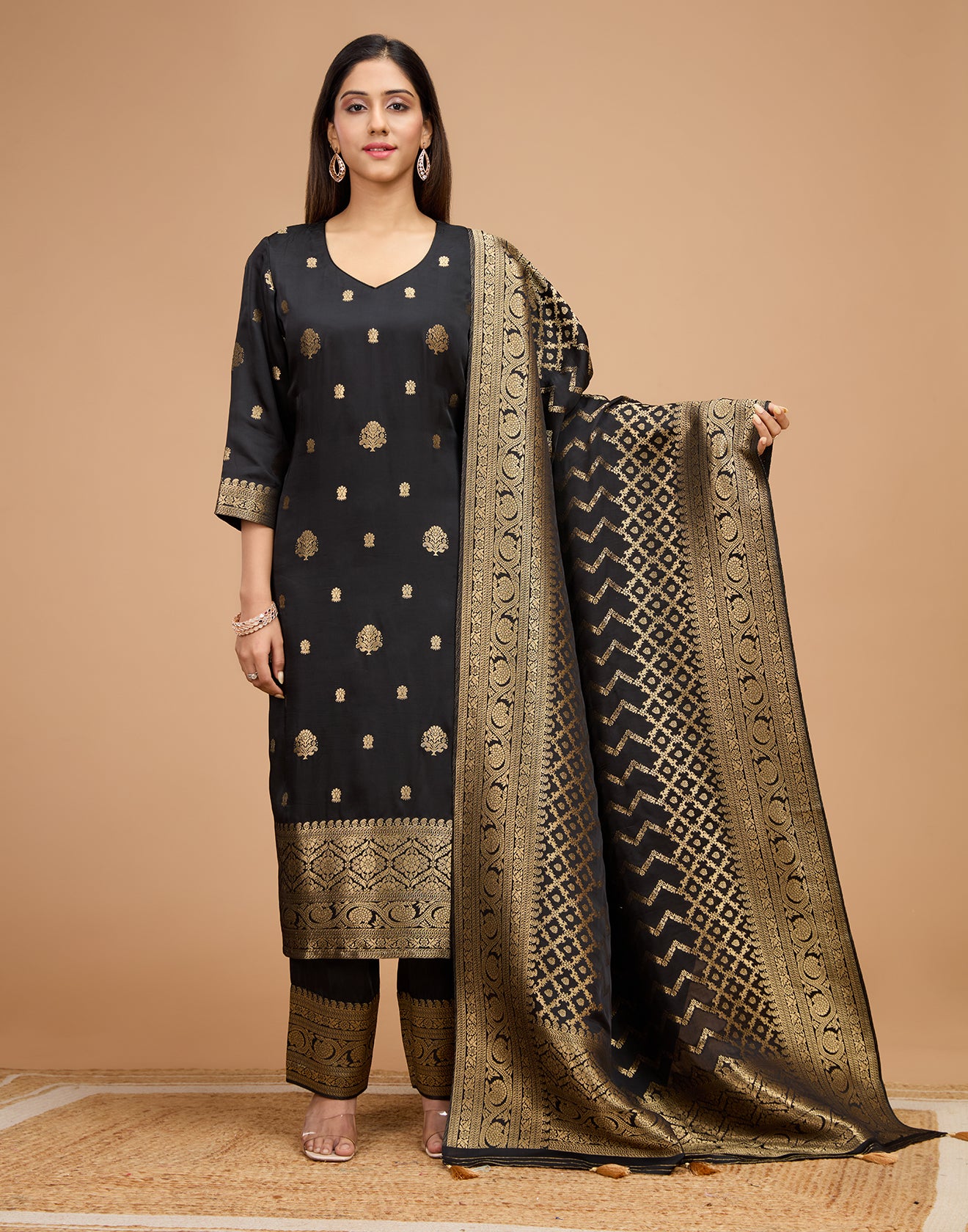 Raven Black With Zari Design Crepe Silk Unstitched Suit Set