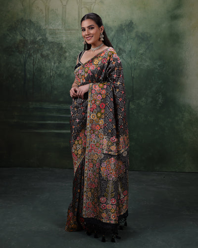 Raven Radiance Bandhej Silk Saree With Unstitched Blouse Fabric